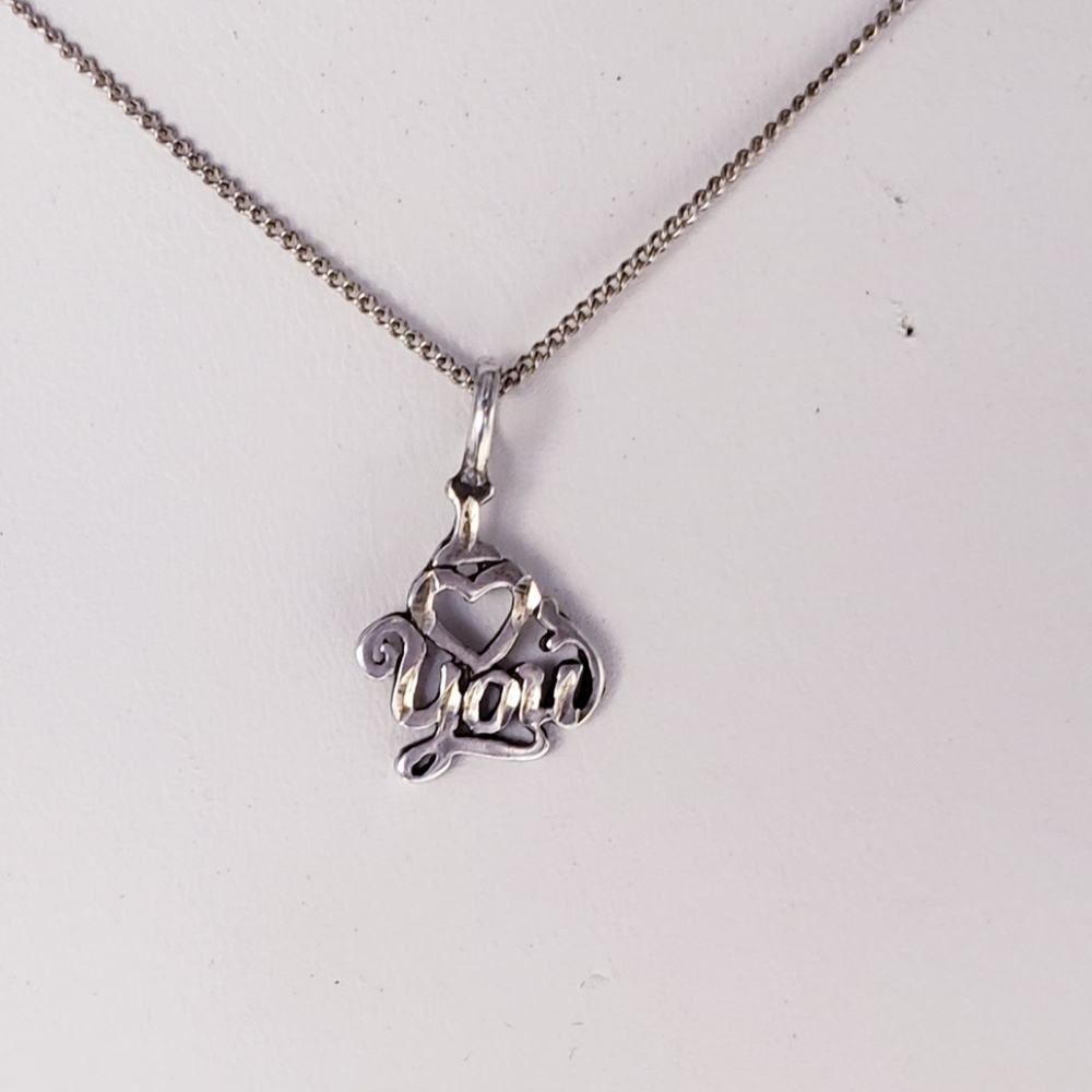 Sterling Silver I Love You Charm Pendant & Curb Chain 17" - Picture 4 of 6